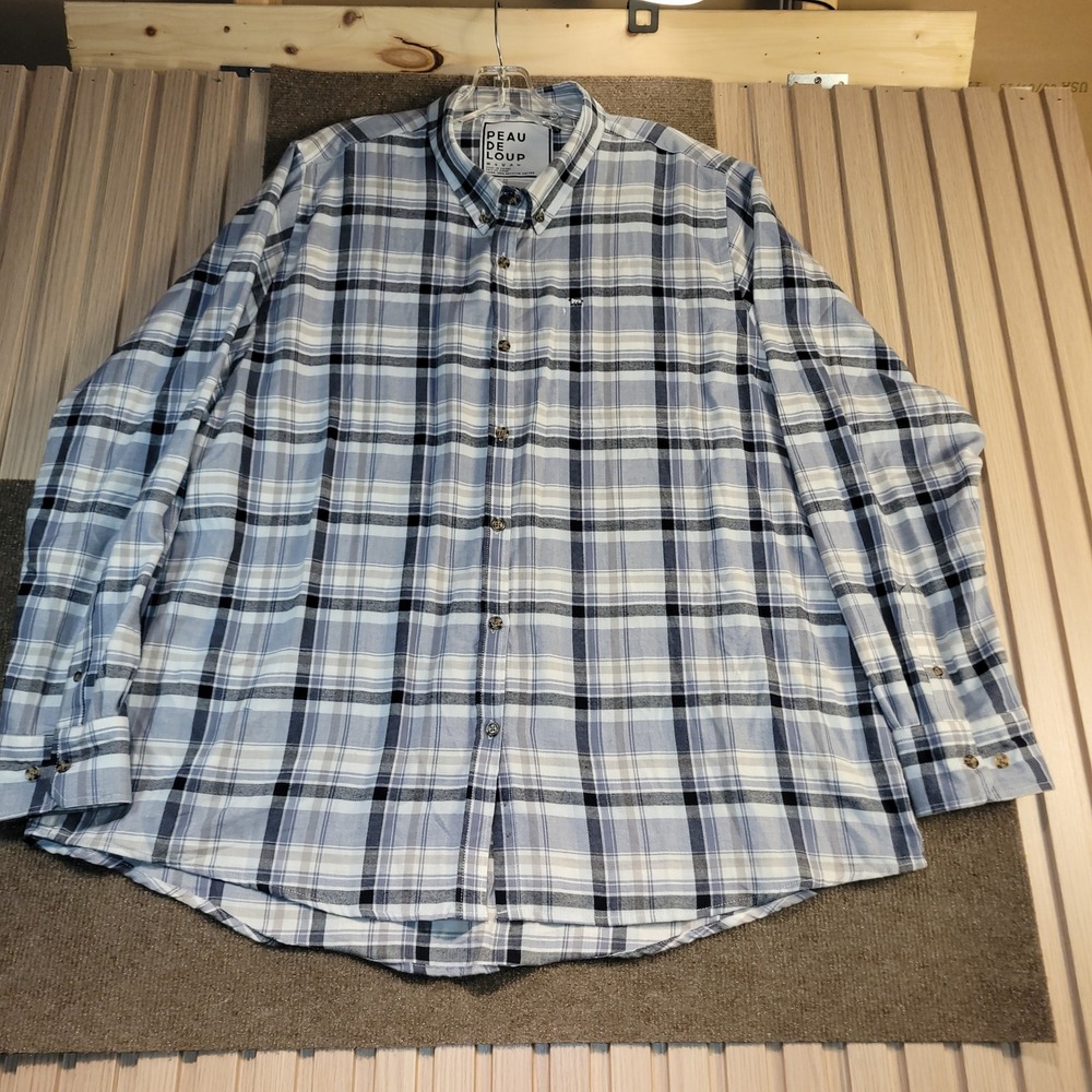 Peau De Loup Beta Button Up Men Size 5 Blue Grey Plaid Excellent Upcycled Cotton